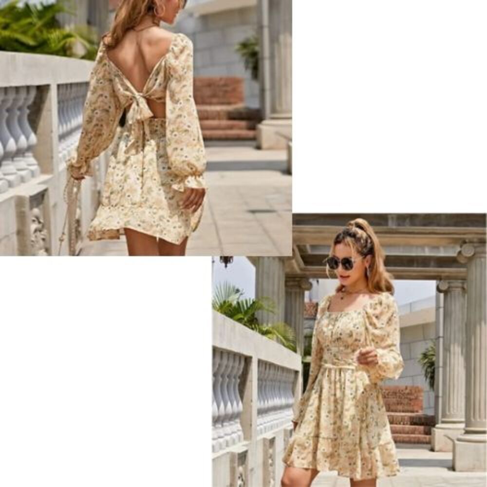 Womens Floral Mini Dress Sz XXL Yellow Bowtie Back‎ Peasant Cottagecore Coquette